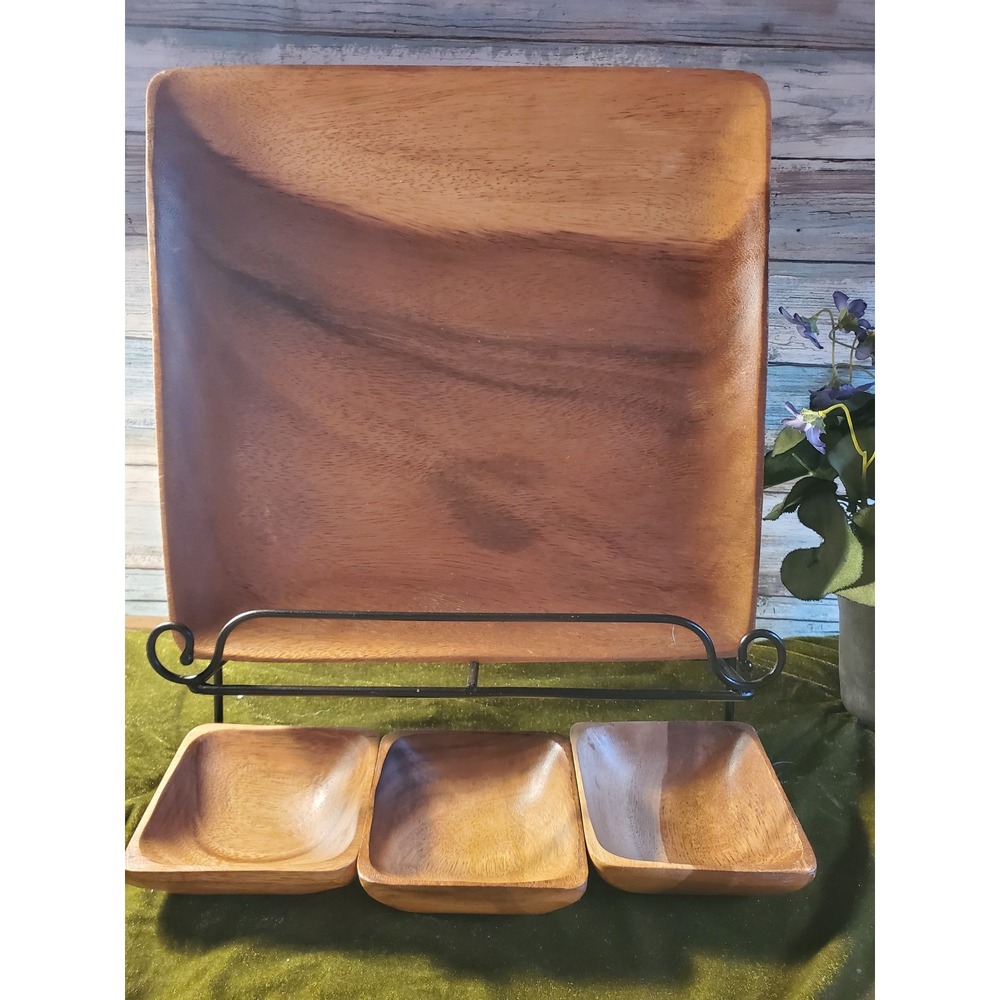 Beekman Home Wooden Chacuterie Serving‎ Tray with 3 Small Dip Bowls Handcrafted